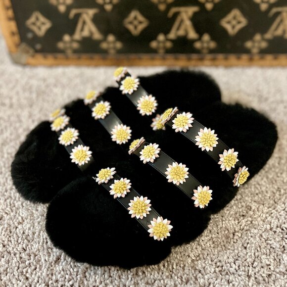 Fabrizio Viti Black Shearling and Leather Daisy Embellished Slip On Sandals - Picture 1 of 5